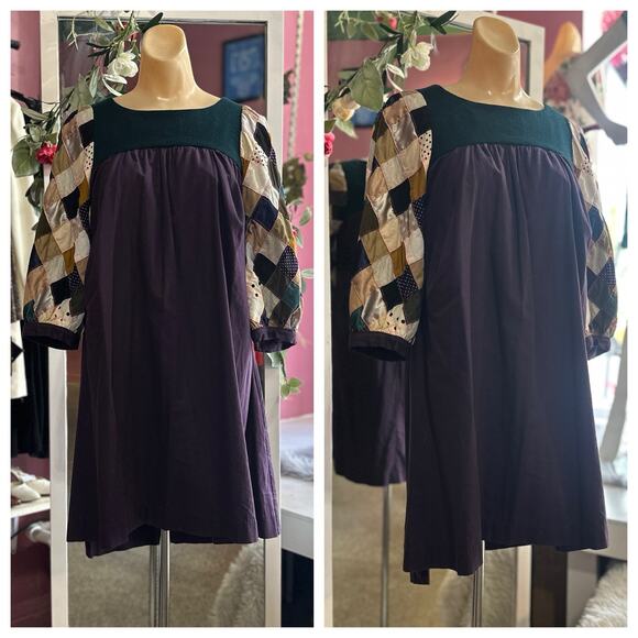 Ahcahcum Japanese Designer Quilted Shift Dress Purple Green Mod Twee XS/S - Picture 1 of 8
